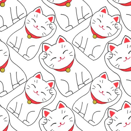 Maneki-neko. Seamless pattern with japanese lucky welcoming cat. Hand-drawn original background. Real watercolor drawing.の写真素材