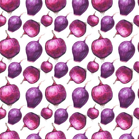 Red onions. Seamless pattern with vegetables. Hand-drawn background. Real watercolor drawing.の写真素材
