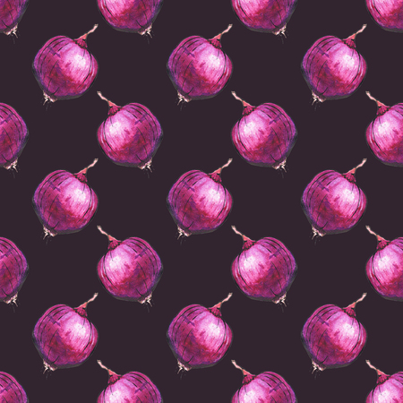 Red onions. Seamless pattern with vegetables. Hand-drawn background. Real watercolor drawing.の写真素材