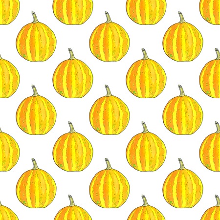 Pumpkin. Halloween and Thanksgiving day theme. Seamless pattern with pumpkins. Hand-drawn background. Real watercolor drawing.の写真素材