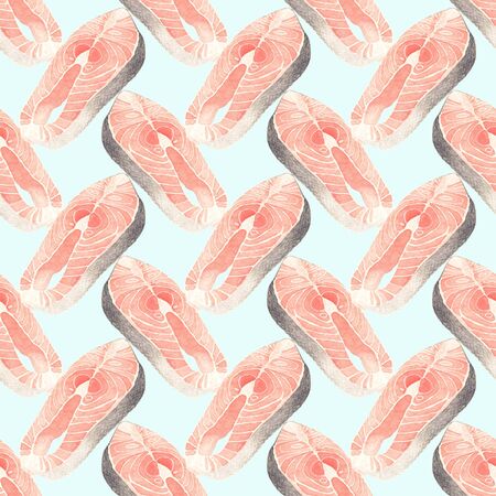 Salmon slice - seafood and marine cuisine. Seamless watercolor pattern with salmon steak. Hand-drawn original background. Real watercolor drawing.の写真素材
