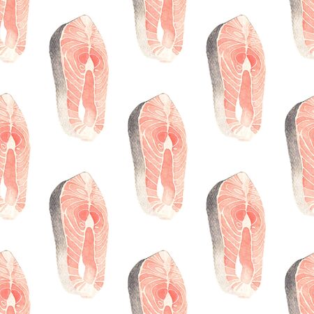Salmon slice - seafood and marine cuisine. Seamless watercolor pattern with salmon steak. Hand-drawn original background. Real watercolor drawing.の写真素材