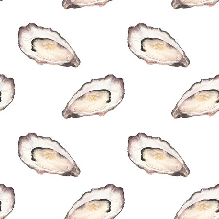 Oyster - seafood and marine cuisine. Seamless watercolor pattern with oysters. Hand-drawn original background. Real watercolor drawing.の写真素材
