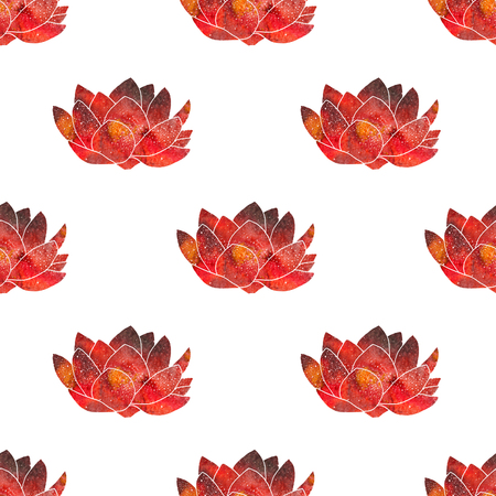 Red lotus. Seamless pattern with cosmic or galaxy flowers. Hand-drawn original floral background. Real watercolor drawing.の写真素材