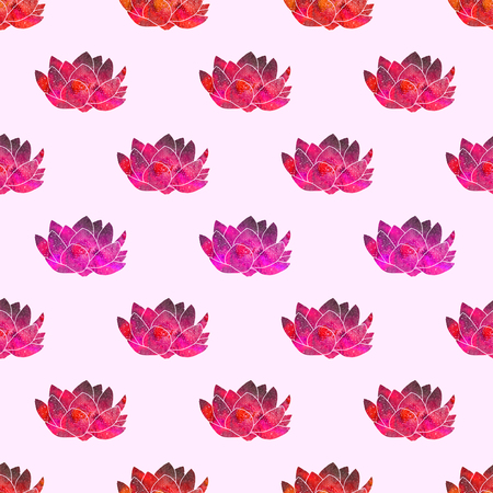Red lotus. Seamless pattern with cosmic or galaxy flowers. Hand-drawn original floral background. Real watercolor drawing.の写真素材