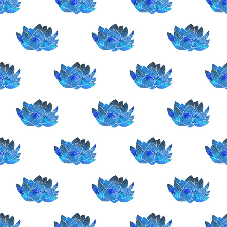 Blue lotus. Seamless pattern with cosmic or galaxy flowers. Hand-drawn original floral background.の写真素材
