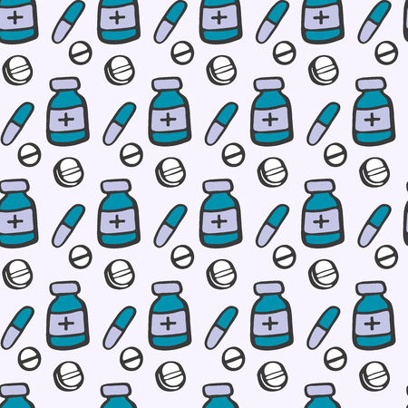 Medicine. Seamless pattern with hand-drawn cartoon cures. Doodle drawing. Vector illustration.のイラスト素材
