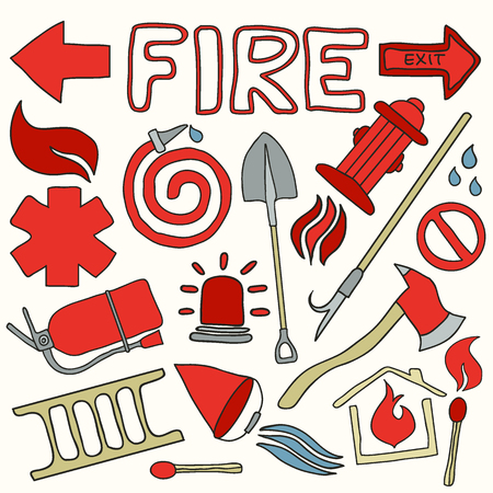 Firefighting set. Hand-drawn cartoon collection. Doodle drawing.のイラスト素材