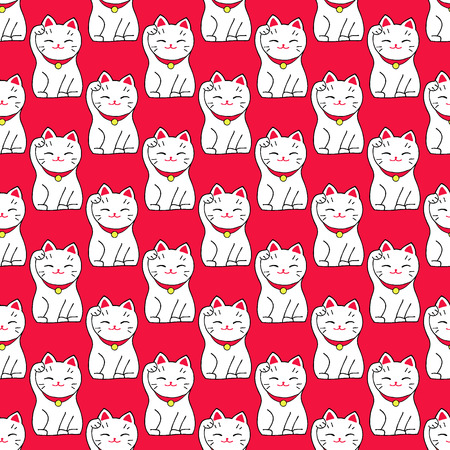 Maneki-neko cat. Seamless pattern with sitting hand drawn lucky cats. Japanese culture. Doodle drawing.のイラスト素材