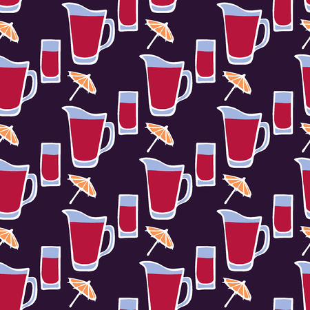 Cocktail. Seamless pattern with glass, umbrella and jug- fruit punch. Doodle drawing. Vector illustration - swatch insideのイラスト素材
