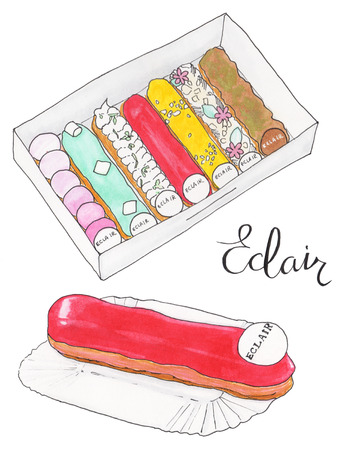 Eclair - set with french eclairs and calligraphy. Cakes in box and single cake on the white background. Real watercolor drawingの写真素材