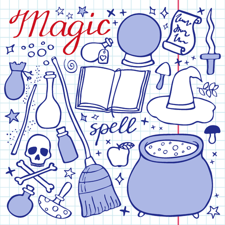 Magic set. Hand-drawn cartoon collection of witch attributes - broom, cauldron, potion, hat, book, spell, skeleton. Doodle pen drawing on the notebook page. Vector illustrationのイラスト素材