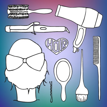 Hairdressing tools set with pattern swatch. Hand-drawn cartoon collection of hair styling stuff -  comb, hairbrush, hairpin, mirror, dryer, mirror, head. Doodle drawing. Vector illustrationのイラスト素材