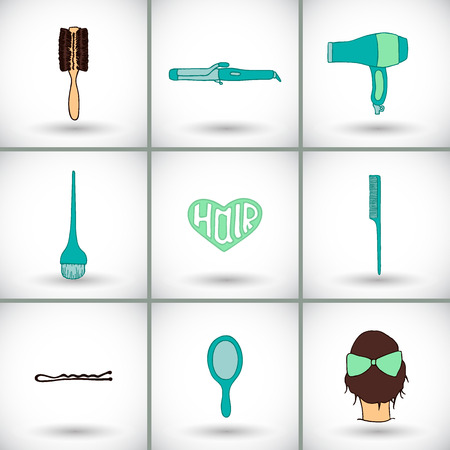 Hairdressing tools icon set with pattern swatch. Hand-drawn cartoon collection of hair styling stuff -  comb, hairbrush, hairpin, mirror, dryer, mirror, head. Doodle drawing. Vector illustrationのイラスト素材