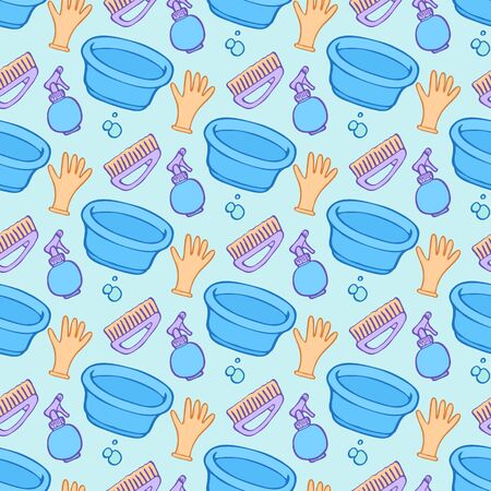 Cleaning tools sketch. Seamless pattern with hand-drawn cartoon icons - washbowl, gloves, brush, spray and bubbles. Doodle drawing. Vector illustration - swatch insideのイラスト素材