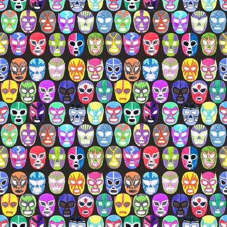 Luchador or fighter mask set. Seamless pattern with hand-drawn lucha libre - free fight - masks - colorful helmets on the white background. Real watercolor drawing.の写真素材