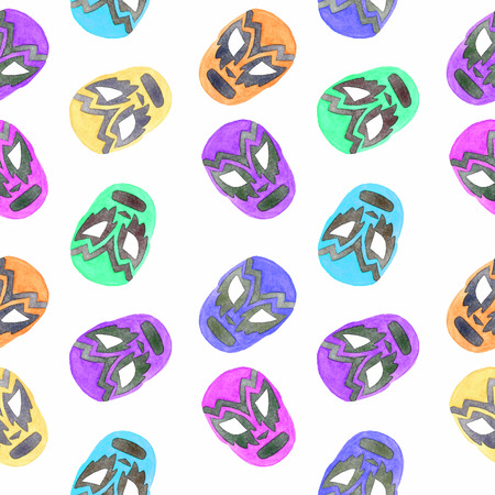 Luchador or fighter mask. Seamless pattern with hand-drawn lucha libre - free fight - masks - colorful helmets on the white background. Real watercolor drawing.の写真素材