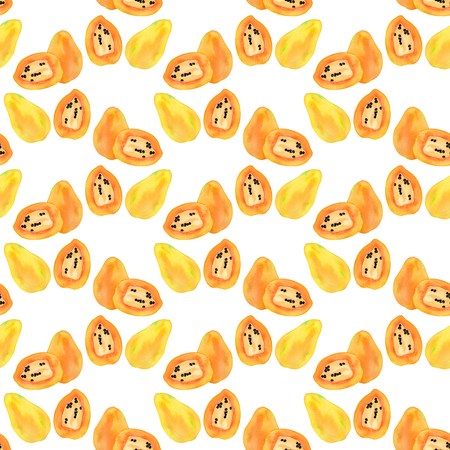 Papaya or papaw. Seamless pattern with fruits - colorful papayas. Real watercolor drawing.の写真素材