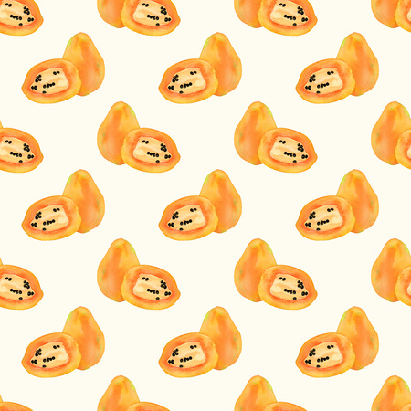 Papaya or papaw. Seamless pattern with fruits - colorful papayas. Real watercolor drawing.の写真素材