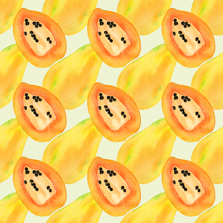 Papaya or papaw. Seamless pattern with fruits - colorful papayas. Real watercolor drawing.の写真素材