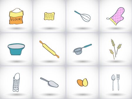 Bakery icon set. Hand-drawn collection of cartoon icons, kitchen tools and food -  flour, scoop, bowl, cookie, sieve, whisk, kitchen mitten. Doodle drawing. Vector illustrationのイラスト素材