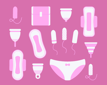 Feminine hygiene icons set. Flat design of sanitary pads, tampons, menstrual cups and panties isolated on the dark background. Vector illustrationのイラスト素材