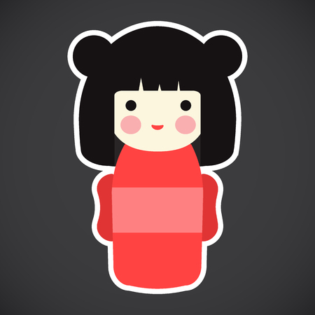 Kokeshi doll vector flat icon, Flat design of kawaii Japanese girl sticker isolated on the dark background, cute vector illustrationのイラスト素材