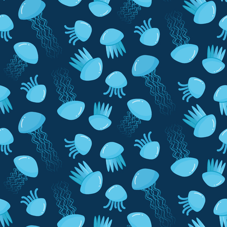 Seamless vector pattern with jellyfish, flat design illustration, swatch insideのイラスト素材