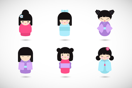 Kokeshi dolls vector flat icon set, Flat design icon collection of kawaii Japanese girls, Vector illustrationのイラスト素材