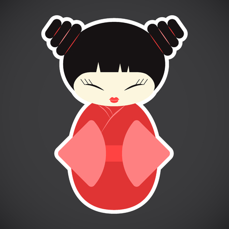 Kokeshi doll vector flat icon, Flat design of kawaii Japanese girl sticker isolated on the dark background, cute vector illustrationのイラスト素材