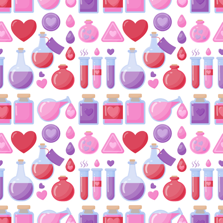 Love potion vector seamless pattern, Flat design of Valentine day, romantic or magical symbols isolated on the white background, vector illustration with swatchのイラスト素材