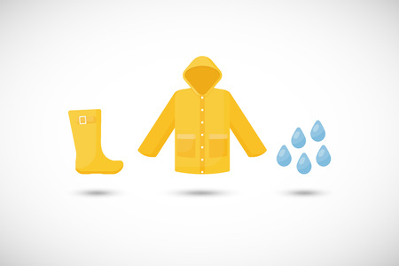 Raincoat, rain boots and rain drops vector flat icons setのイラスト素材