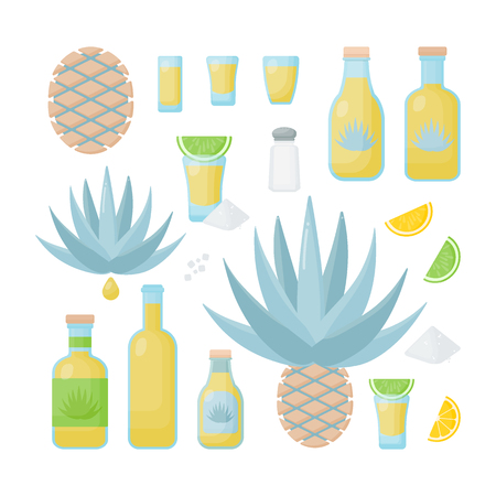 Tequila and blue agave vector flat icon set, Big collection of flat design of agava products isolated on the white background, cute vector illustrationのイラスト素材
