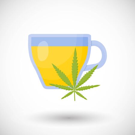 Marijuana or cannabis tea vector flat icon, flat design of medical cannabis or relaxation hemp tea object with round shadow isolated on the white background, vector illustrationのイラスト素材