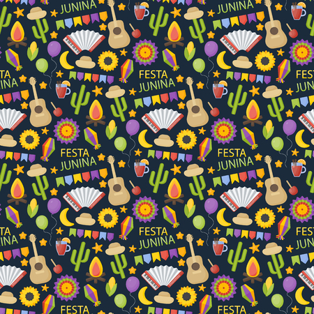 Festa Junina vector flat seamless pattern, party celebration collection of flat design of food, music instruments, lanterns and garlands on the dark background, vector illustrationのイラスト素材