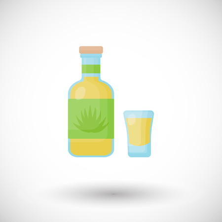 Tequila bottle and shot flat vector icon, Flat design of Mexican beverage, blue agave product or bar object with round shadow, cute vector illustration with reflectionsのイラスト素材