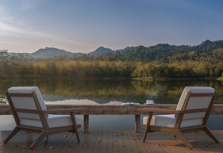 Lake house terrace and beautiful nature view 3d rendering image,A place surrounded by nature ,There are wood floor and furnitureの写真素材