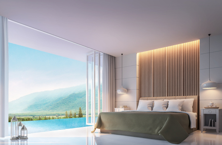 Modern Bedroom with mountain view 3d rendering Image. There are border less swimming pool. There are large open door overlooking the surrounding nature and mountainsの写真素材
