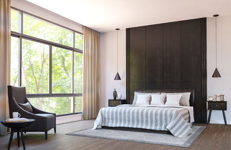 Modern bedroom decorate with  brown leather furniture and black wood 3d rendering image.There are large window overlooking to nature and forestの写真素材