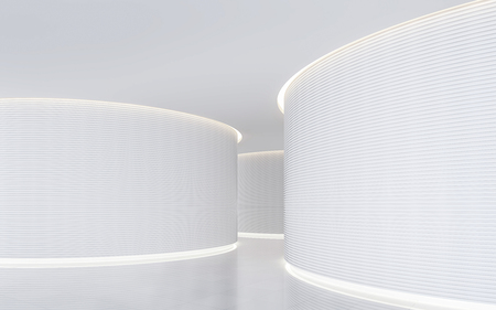 Empty white room modern space interior 3d rendering image.A blank wall with pure white. Decorate wall with horizon line pattern and hidden lightの写真素材