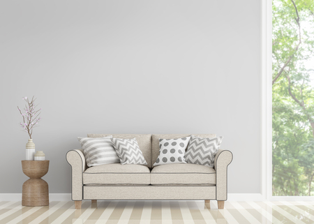 Modern vintage living room 3d rendering image.Decorate room with vintage style sofa There are large window overlooking to nature and forestの写真素材