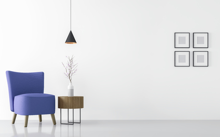 Modern white living room interior with blue armchair 3d rendering Image.There are minimalist style image ,white empty wall and blue  furnitureの写真素材