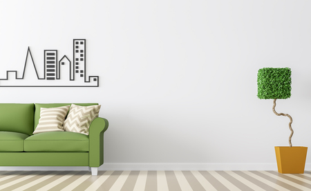 Modern white living room interior with green sofa 3d rendering Image.There are minimalist style image ,white empty wall and brown floorの写真素材