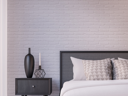 Modern loft bedroom 3d rendering image Furnished with Black steel furniture has white brick wallsの写真素材