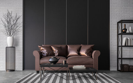 Modern loft living room 3d rendering image Furnished with red brown leather and black steel furniture has white brick walls and  steel gratingの写真素材
