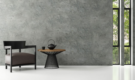 Modern loft living room 3d rendering image  There is a polished concrete wall. White floors and windows overlook the gardenの写真素材