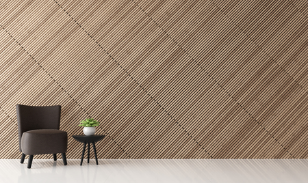 Modern contemporary living room interior 3d rendering image.There are decorate wall with wooden lath and install it tilt.furnished with dark brown leather chairs.の写真素材