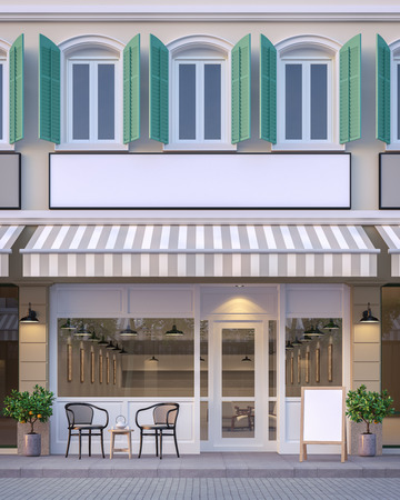 The front of the street shop 3d rendering image.There are a street shop, the building has classic style and pastel color scheme. The front store has footpaths and table sets.の写真素材