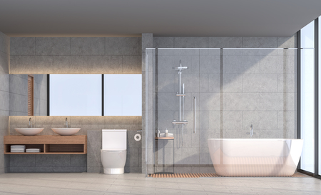 Modern loft bathroom 3d rendering image. There are concrete tile wall and floor.The room has large windows. Looking out to see the scenery outside.の写真素材