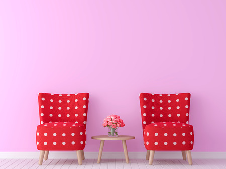 valentine theme living room 3d rendering image.There are minimalist style image ,pink empty wall and red furnitureの写真素材